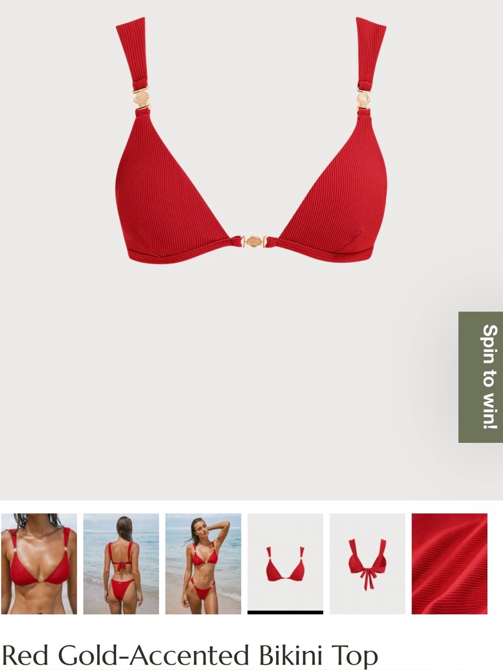 Gold-Trim Red Ribbed Triangle Bikini Top Berlook